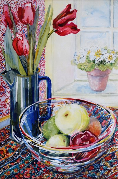Tulips in a Jug, with a Glass Bowl by Joan Thewsey